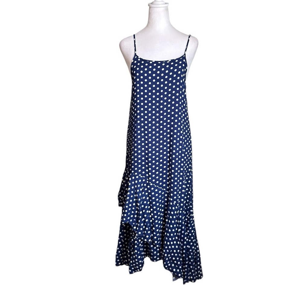Women's Blue & White Polka Dot Asymmetrical Ruffle Spaghetti Strap Dress Size S